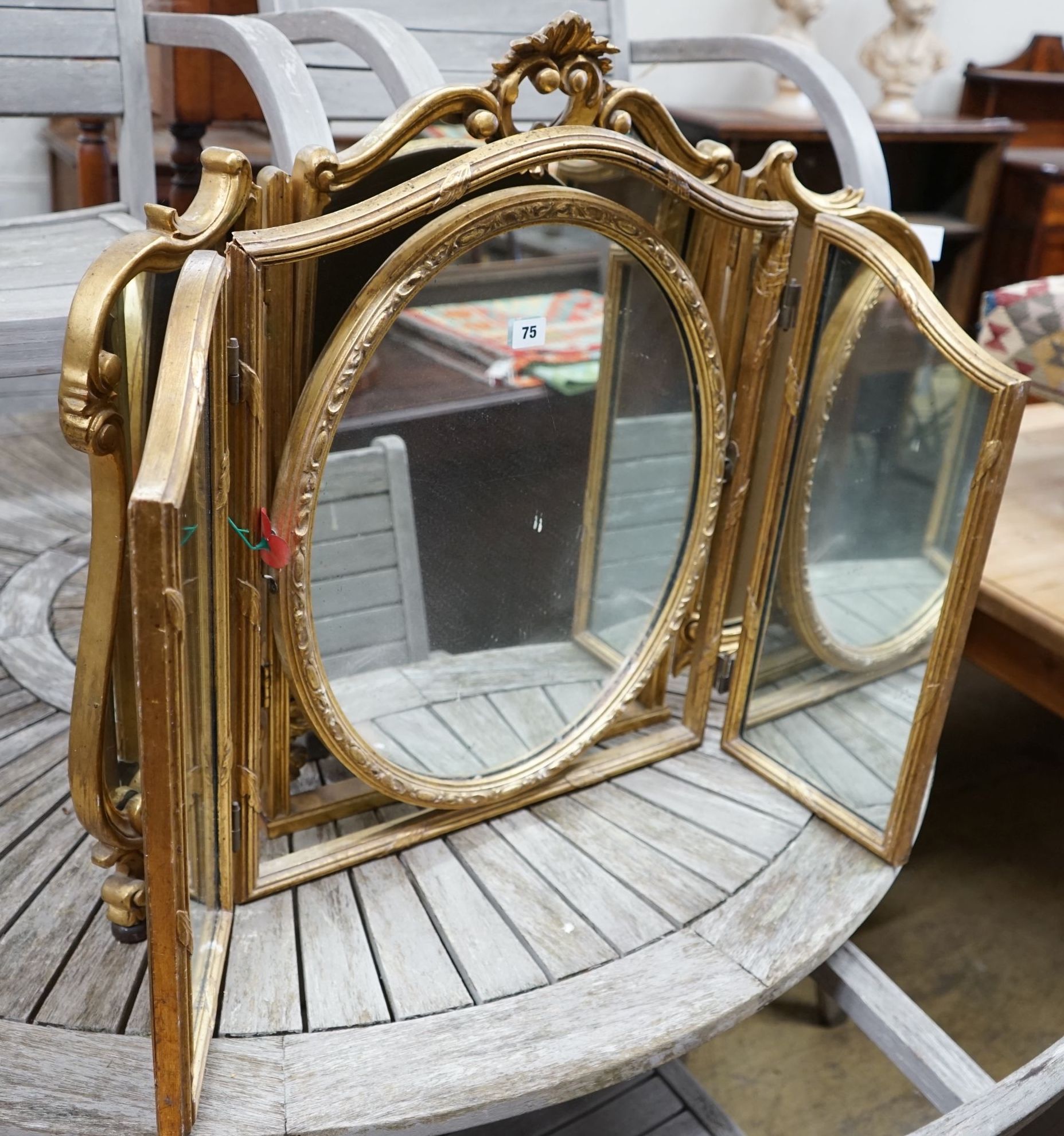 Two gilt framed triple dressing table mirrors, larger height 70cm